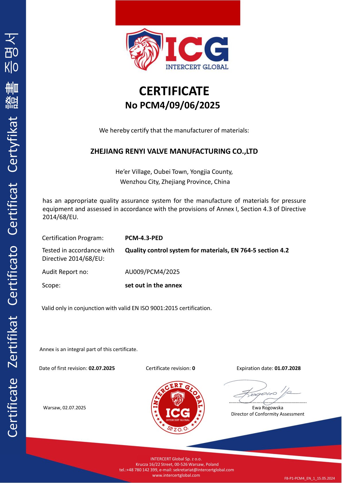 CE/PED Material Manufacturer Certificate